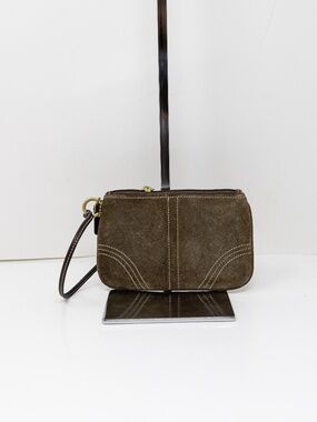 Coach Genuine Suede Leather Top Zip Wristlet Wallet Purse Brown Tan Gold